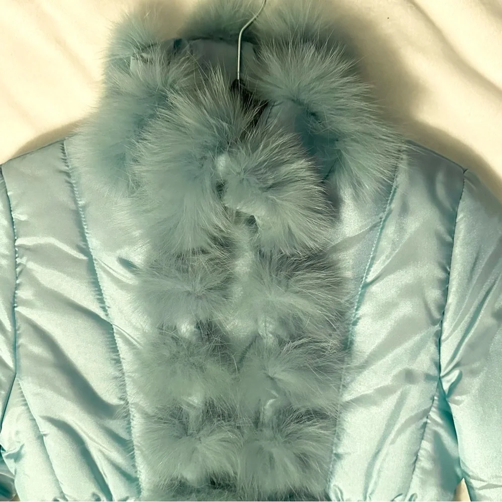 MISS BLUMARINE Real Hair/Fur Trim Puffer Jacket Coat Girls 8 Blue Aqua Y2K